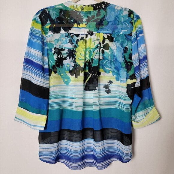 Cocomo Womens Blue Floral Striped Artsy 3/4 Sleeves Sheer Top Petite Large - Picture 6 of 9